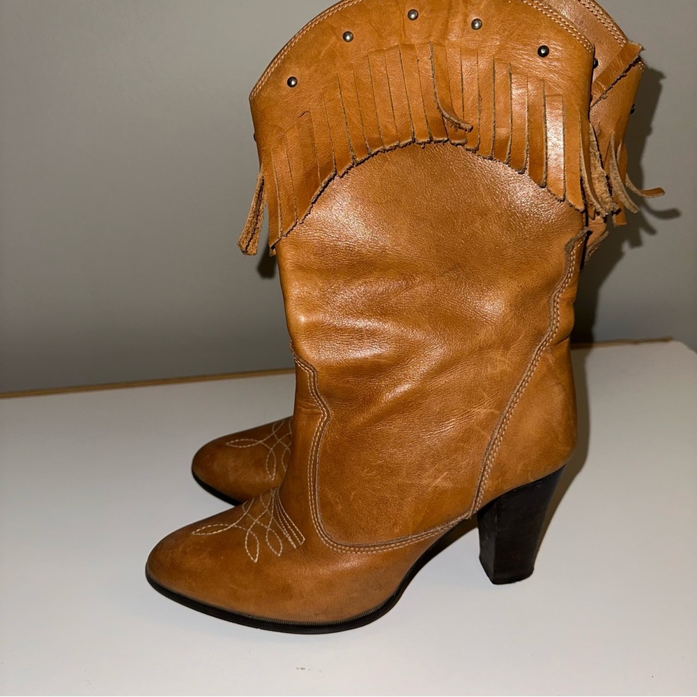 Genuine Leather Fringed Tan Leather Women's Boots - Picture 2 of 2